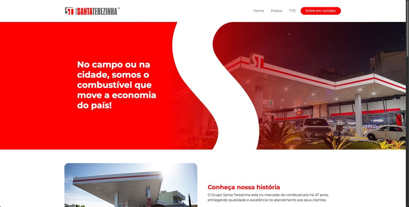 Captura do site do Posto Santa Terezinha, com a navegação e a página inicial do projeto