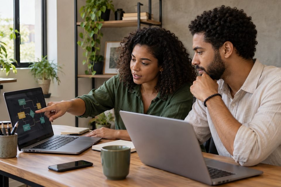 Dois colegas organizando um fluxo de trabalho automatizado em computadores