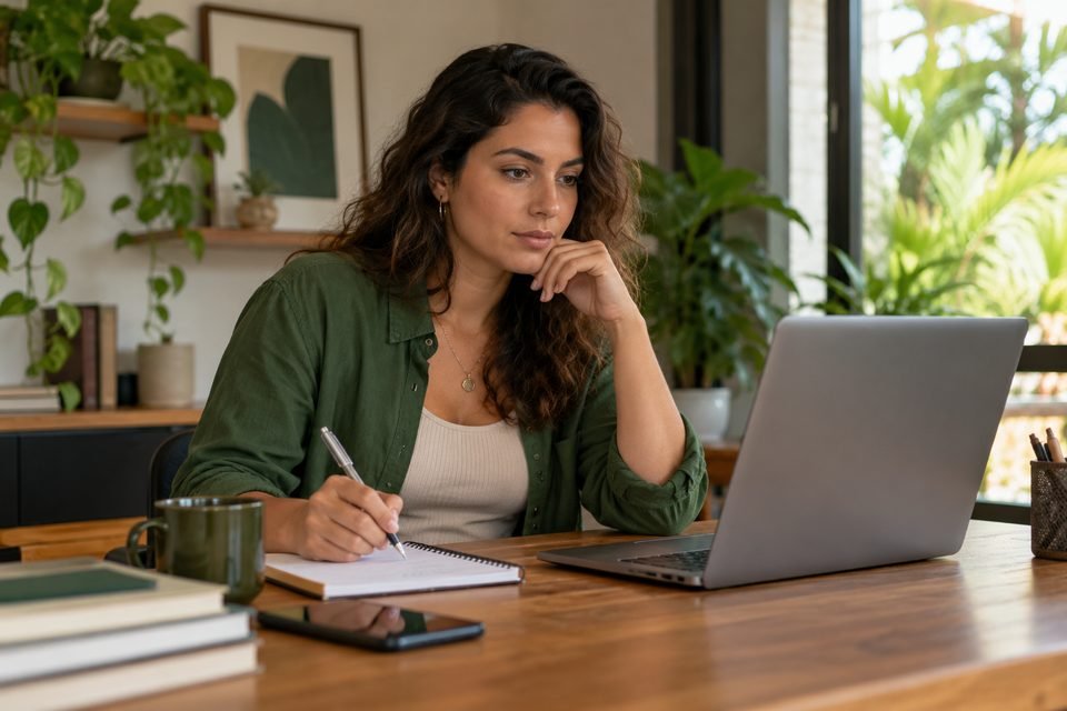 Profissional de marketing planejando uma campanha em seu notebook
