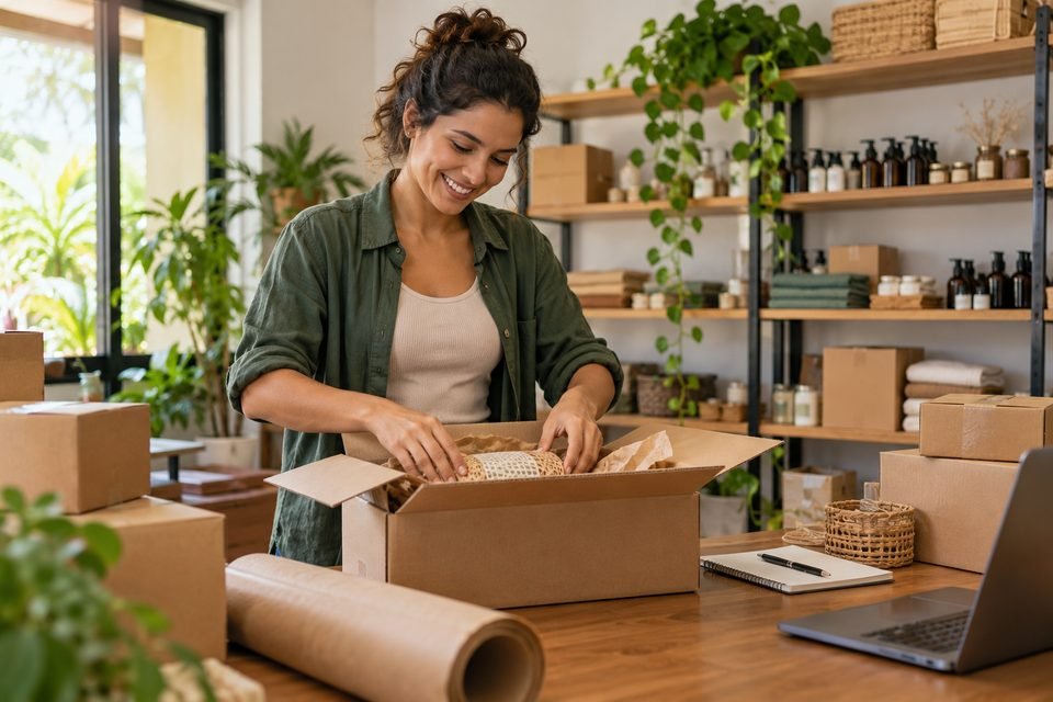 Lojista preparando pedidos para clientes de sua loja virtual