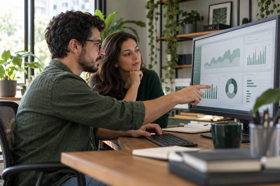 Desenvolvedor e gestor analisando um painel digital em um monitor