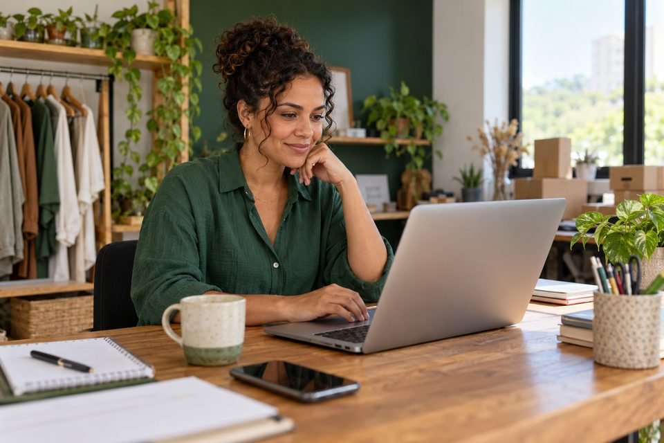 Empreendedora revisando o site da sua empresa em um notebook